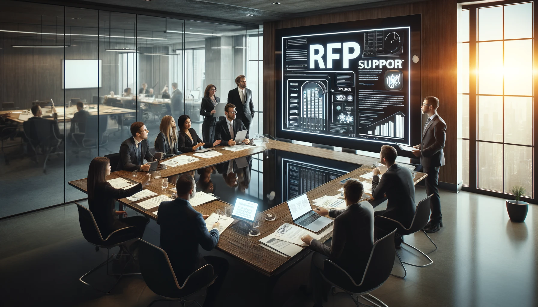 image of a modern corporate office setting focused on RFP Support, depicting professionals collaborating on an RFP document.